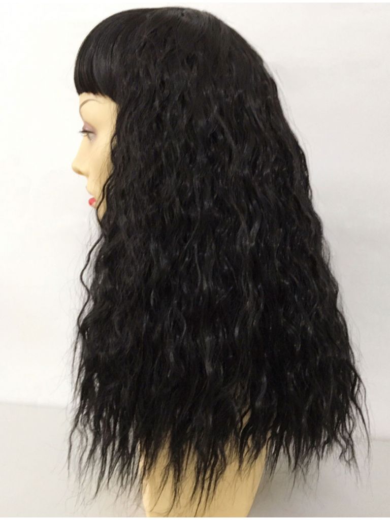 Long Black Wig With Bangs Fluffy Wavy