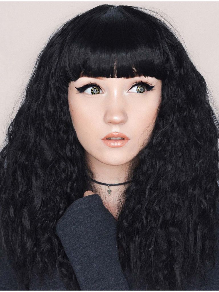 Black Wavy Wig With Bangs Medium Length