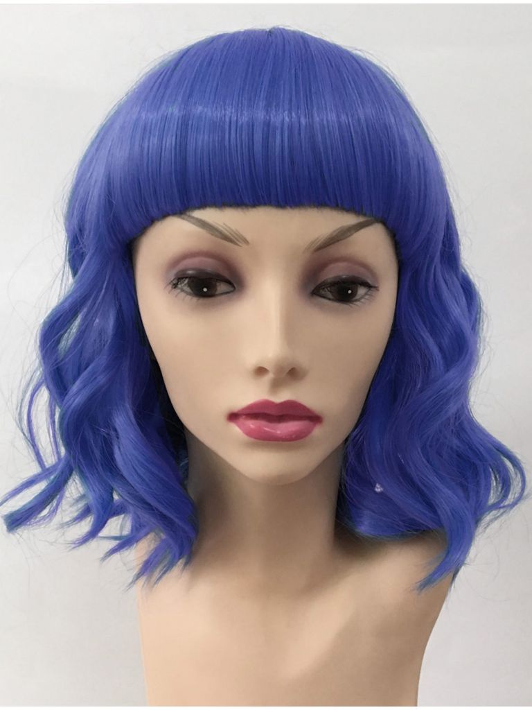 Short Blue Wig Wavy With Blunt Bangs
