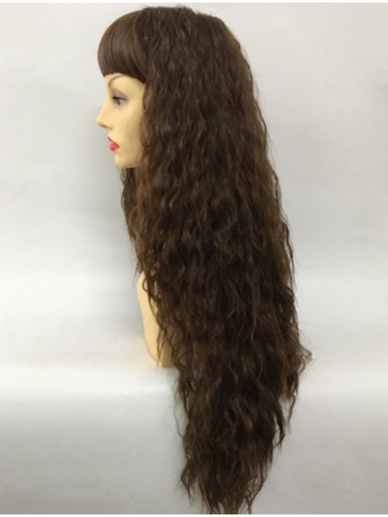 Brown Wig Curly Crimped With Bangs
