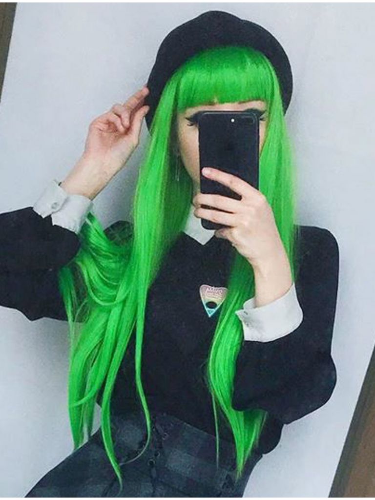 Straight Green Wig With Bangs Long