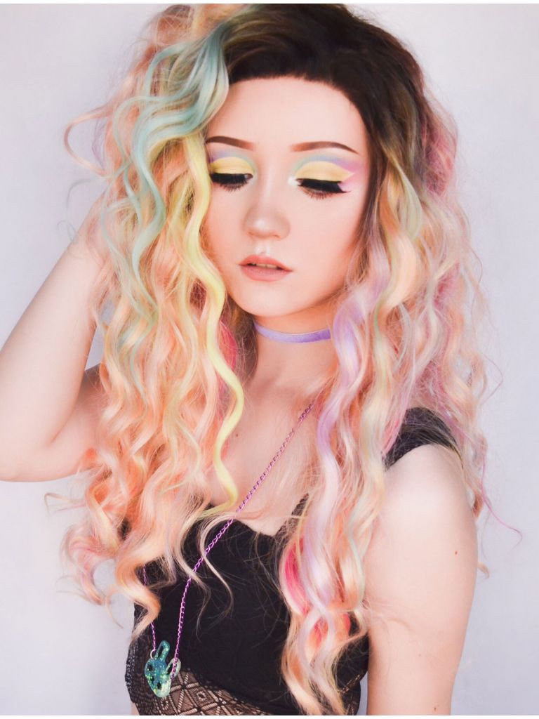 Long Wavy Rainbow Wig Lace Front