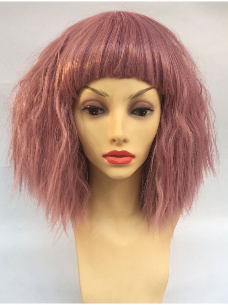 Soft Pink Wavy Bob Wig With Short Bangs