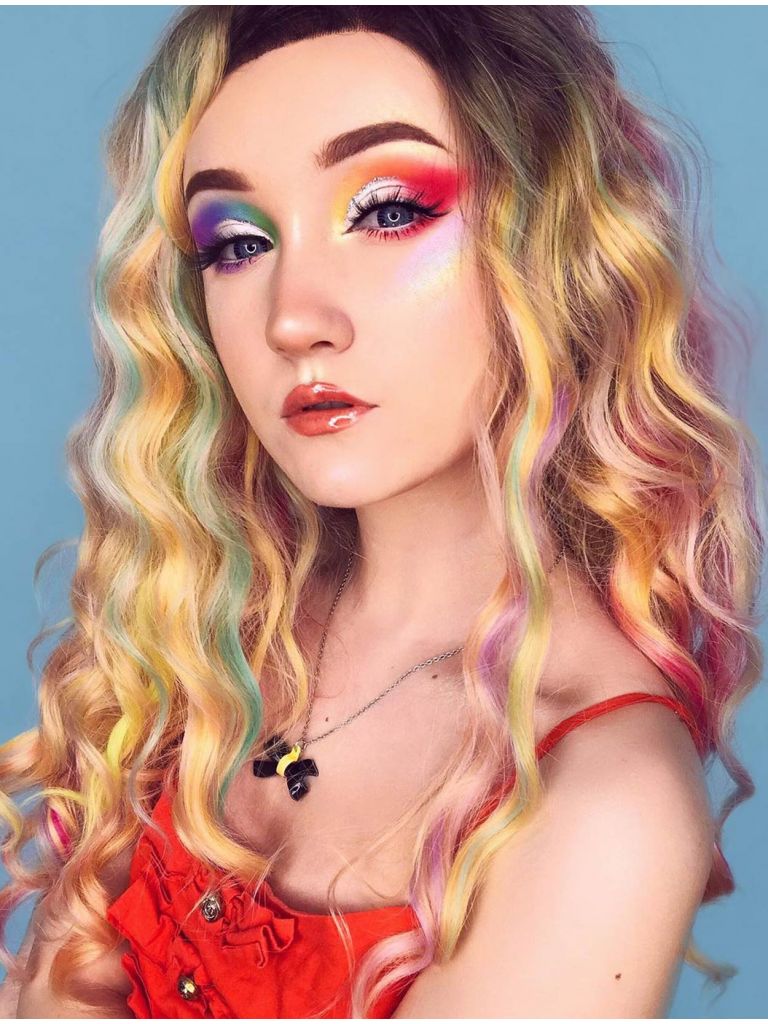 Long Wavy Pastel Rainbow Lace Front Wig
