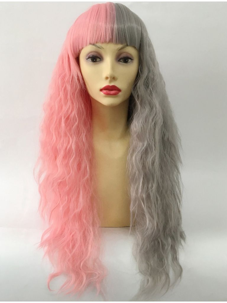 Split Colour Wig Pink And Grey With Bangs